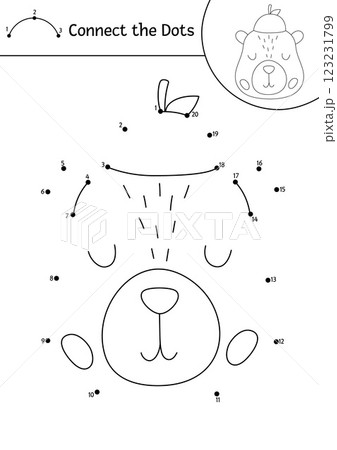 Vector line capybara dot-to-dot and color activity with cute animal head with tangerine hat. Simple black and white connect the dots game, coloring page for children with relaxing capibara Vector line capybara dot-to-dot and color activity with cute animal head with tangerine hat. Simple black and white connect the dots game, coloring page for children with relaxing capibara 123231799