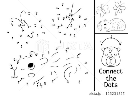 Vector line capybara dot-to-dot and color activity with cute animal looking at butterflies. Simple black and white connect the dots game, coloring page for children with relaxing capibara 123231825