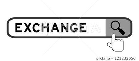 Search banner in word exchange with hand over magnifier icon on white background 123232056
