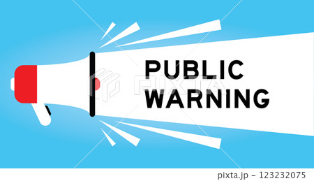 Color megaphone icon with word public warning in white banner on blue background 123232075