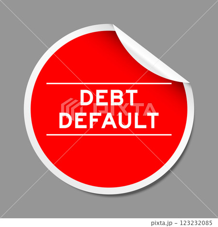 Red color peel sticker label with word debt default on gray background 123232085