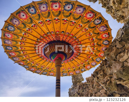 Colorful traditional handmade umbrella in Ubud on Bali Island, Indonesia 123232126