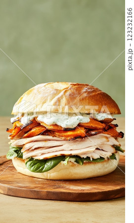 Mega sandwich with turkey, sweet potatoes, spinach, and yogurt sauce on a rustic board. Modern terracotta and sage green gradient background. 123232166