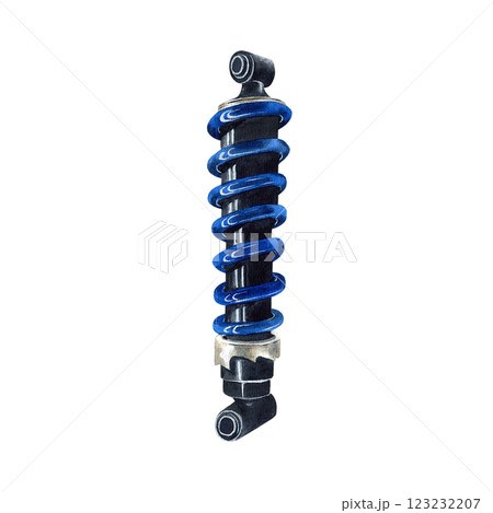 Shock absorber. Moto damper. Suspension element. Blue watercolor hand-drawn illustration isolated from the background. Perfect for workshop advertisement and design, signboard on service, repairing 123232207