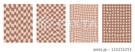Checkerboard background set. Psychedelic checker posters templates. Vintage distorted grid y2k vertical textures. Vector abstract playful flat geometric wavy mosaic backdrops. 123232255