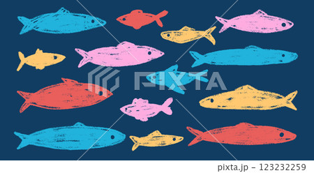 Fishes doodle set. Sardines hand drawn scribble School of fish in the sea. Vector colorful nautical illustration by pencil isolated. Crayon or chalk naive underwater life Fishes doodle set. Sardines hand drawn scribble School of fish in the sea. Vector colorful nautical illustration by pencil isolated. Crayon or chalk naive underwater life 123232259