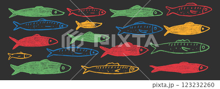 Fishes line doodle set. Sardines hand drawn scribble School of fish in the sea. Vector colorful nautical illustration by pencil isolated. Crayon or chalk naive underwater life 123232260