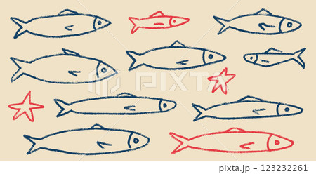 Fishes line doodle set. Sardines hand drawn scribble School of fish in the sea. Vector colorful nautical illustration by pencil isolated. Crayon or chalk naive underwater life 123232261