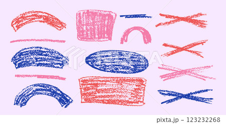 Chalk collage emphasis elements. Crayon underline, oval, rectangle set. Pencil scribble cross, circles pack. Vector hand drawn brush stroke collection illustration 123232268