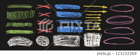 Crayon underline emphasis set. Pencil scribble lines, arrow and ellipse pack. Vector hand drawn brush stroke collection illustration on dark background. Kids highlights handwritten shape element 123232269
