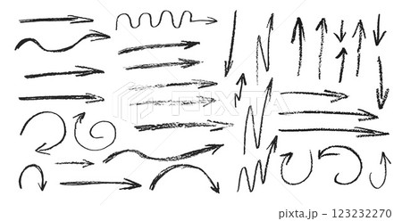 Arrows charcoal drawn. Straight and curved thin pointers doodle elements set. Scribble freehand pastel arrow markers Vector illustration by pencil. Grunge chalk freehand graphic on white background 123232270