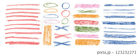 Chalk collage emphasis elements. Crayon underline, oval, rectangle set. Pencil scribble cross, circles pack. Vector hand drawn brush stroke collection illustration on white background 123232271