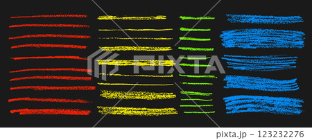 Crayon underline set. Pencil straight scribble lines pack. Vector hand drawn neon colors brush stroke collection illustration isolated on dark background. Kids highlights handwritten shape elements 123232276
