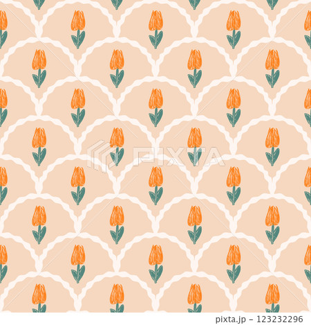 Flowers crayon drawn seamless pattern. Floral allover background. Stylized botany scallop repeat backdrop. Surface pattern design spring motif. Vector hand drawn illustration 123232296