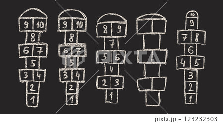 Hopscotch games chalk drawn set isolated on dark background. Children playground outdoor entertainment. Vector colorful wax crayon handwritten illustration Hopscotch games chalk drawn set isolated on dark background. Children playground outdoor entertainment. Vector colorful wax crayon handwritten illustration 123232303