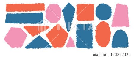 Kids colorful geometric shapes set. Text boxes textured frames. Rounded and square figures. Vector hand drawn quotation stickers shapes. grunge geometry callout design. 123232323