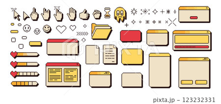 Pixel art retro windows interface. 8 bit popup and browser windows with pointers cursors, arrow and hands in retro 90s style. Digital screen message elements. Vector vintage set illustration Pixel art retro windows interface. 8 bit popup and browser windows with pointers cursors, arrow and hands in retro 90s style. Digital screen message elements. Vector vintage set illustration 123232331