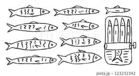 Sardines line doodle set. Canned fish hand drawn scribble. tinned fishes. Open sardine tin. Vector conserve eat illustration by pencil isolated on white background. Crayon or chalk naive seafood 123232342