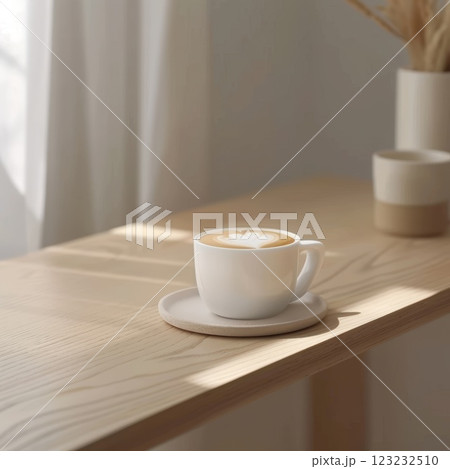 Cozy Morning Coffee in Minimalist Sunlit Interior with Latte Art on Wooden Table Cozy Morning Coffee in Minimalist Sunlit Interior with Latte Art on Wooden Table 123232510