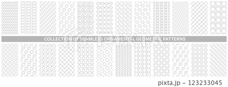 Collection of monochrome seamless geometric patterns. Endless white and gray mosaic textures. Trendy fabric decorative backgrounds. Modern unusual textile prints 123233045