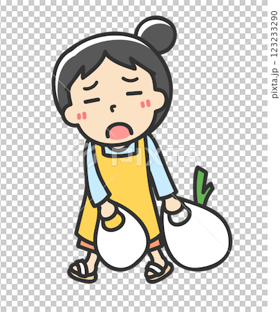 A housewife wearing an apron walking tiredly with shopping bags 123233290