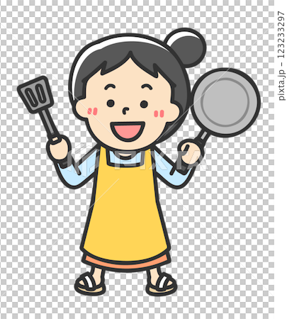 一位家庭主婦穿著圍裙用煎鍋煮飯 123233297