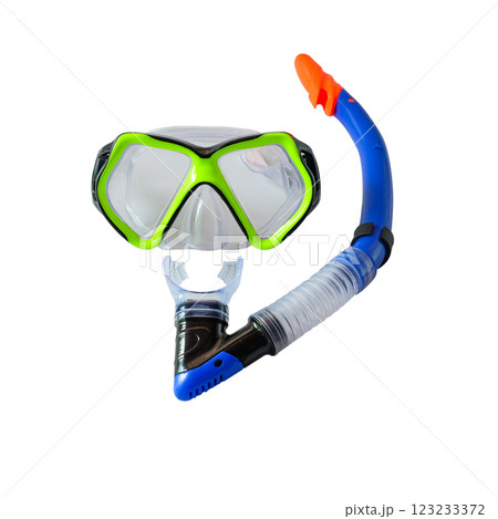 Green Dive mask and snorkel for amature on white background. Green Dive mask and snorkel for amature on white background. 123233372