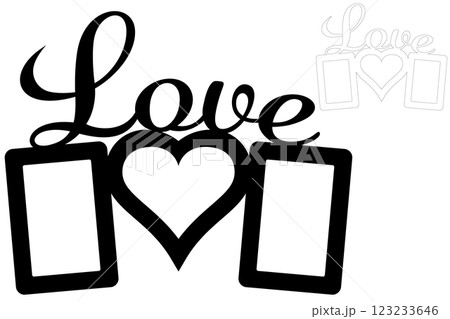 Frame for photos with inscription 'Love' for laser cutting. Collage of photo frames. Template laser cutting machine for wood and metal. The perfect gift for St. Valentine's Day. 123233646