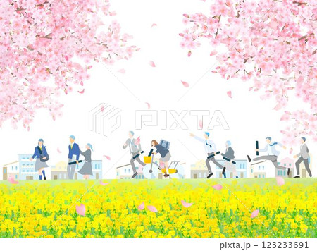 桜の木と菜の花の咲く土手沿いを歩く学生男女ー全身ー卒業ー人物ベクターイラスト白バック背景素材 桜の木と菜の花の咲く土手沿いを歩く学生男女ー全身ー卒業ー人物ベクターイラスト白バック背景素材 123233691