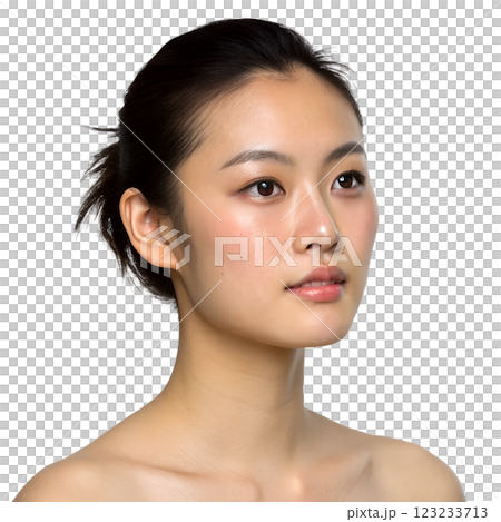 Portrait of young Asian girl with her hair pulled back isolated on transparent background 123233713
