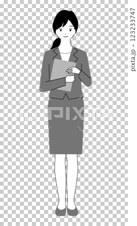 一位身穿西裝的年輕女性站著,手裡拿著文件的全身插圖 一位身穿西裝的年輕女性站著,手裡拿著文件的全身插圖 123233747
