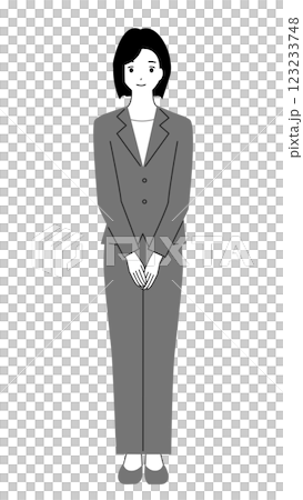 一位女士雙手放在身前站立的全身插圖 123233748