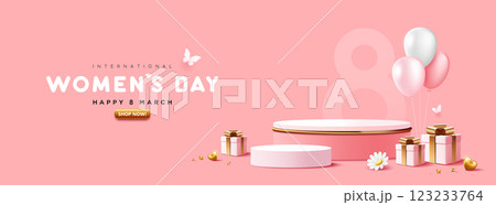 Happy women's day 8 March, podium display and gift box, balloon banner design on pink background Happy women's day 8 March, podium display and gift box, balloon banner design on pink background 123233764