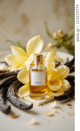 natural vanilla pods and yellow vanilla orchid flowers with small bottle with essence of vanilla against blue background. perfume and cooking concept. Ai generated 123233774