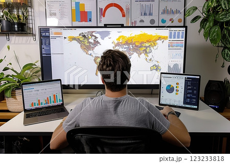 Person analyzing global data on screens in a workspace environment 123233818