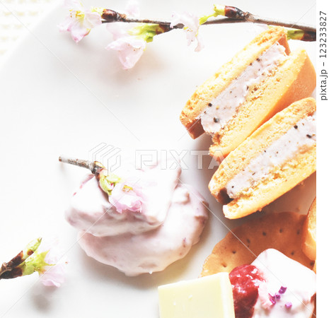 桜の花と春の桜スイーツ ホワイトチョコレートの盛り合わせ 桜の花と春の桜スイーツ ホワイトチョコレートの盛り合わせ 123233827