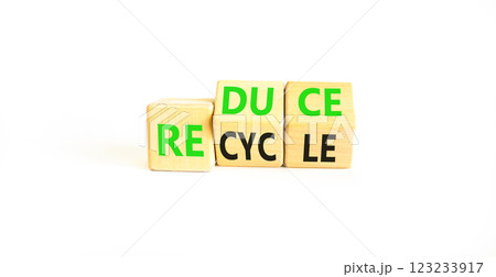 Reduce or recycle symbol. Concept words Reduce Recycle on wooden block. Beautiful white table white background. Business reduce or recycle concept. Copy space. 123233917