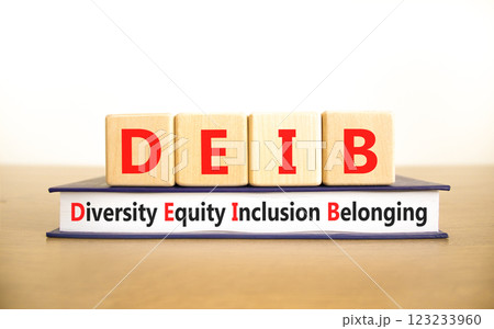 DEIB diversity equity inclusion belonging symbol. Concept words DEIB diversity equity inclusion belonging on blocks. Beautiful white background. Business diversity equity inclusion belonging concept. 123233960