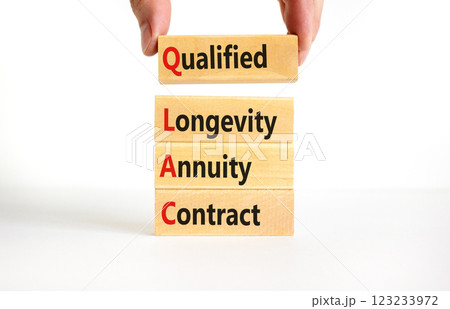 QLAC symbol. Concept word QLAC Qualified Longevity Annuity Contract on beautiful wooden blocks. Beautiful white background. Business QLAC Qualified Longevity Annuity Contract concept. Copy space. 123233972