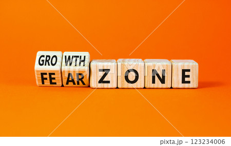 Growth or fear zone symbol. Concept words Growth zone Fear zone on wooden cubes. Beautiful orange table orange background. Business and growth or fear zone concept. Copy space. 123234006