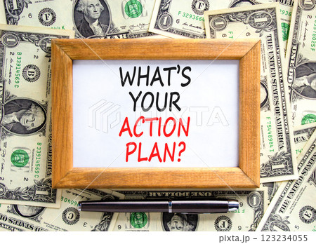 Action plan symbol. Concept words What is your action plan on beautiful wooden picture frame. Black pen. Beautiful background from dollar bills. Business What is your action plan concept. Copy space 123234055
