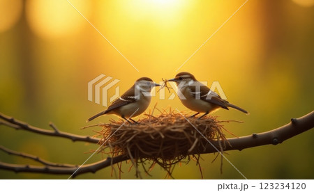 Small birds with twigs in their beaks building nest, beginning of spring 123234120
