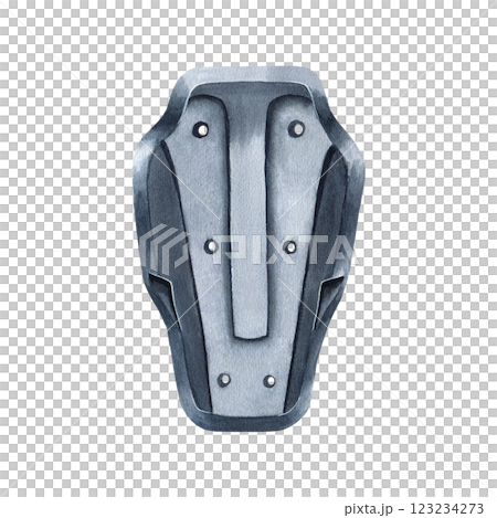 Protective insert for motorcycle jacket. Back protection for motorcyclists. Moto gear. Grey watercolor illustration isolated from background. For moto online and offline store, workshop. Road safety 123234273