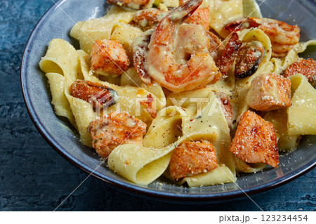papardelle pasta in creamy sauce with seafood, homemade, no people, papardelle pasta in creamy sauce with seafood, homemade, no people, 123234454