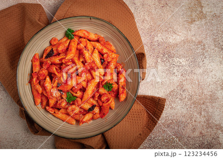 Penne pasta, with shrimp in tomato sauce, close-up, no people, Penne pasta, with shrimp in tomato sauce, close-up, no people, 123234456