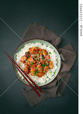 fried chicken teriyaki with rice, green onion and sesame, homemade, no people, fried chicken teriyaki with rice, green onion and sesame, homemade, no people, 123234483