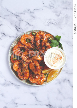 Grilled shrimps served with hot sauce and slices of fresh lemon, homemade, no people, Grilled shrimps served with hot sauce and slices of fresh lemon, homemade, no people, 123234487