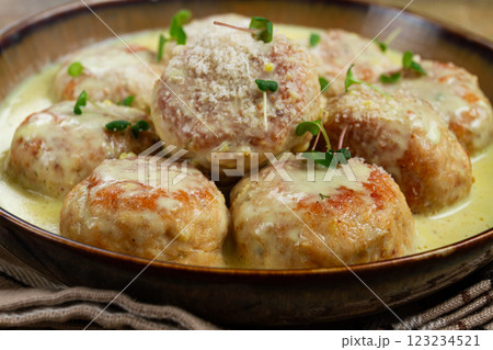 chicken meatballs, in cream sauce, garnished with parmesan cheese, and microgreens, homemade, no people, chicken meatballs, in cream sauce, garnished with parmesan cheese, and microgreens, homemade, no people, 123234521