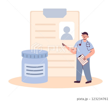 Veterinarian consultation. Vet clinic. Tiny doctor with remedy pills and animal patient medical diagnosis. Diagnostic paper pages at clipboard. Big meds jar. Vector veterinary concept 123234761