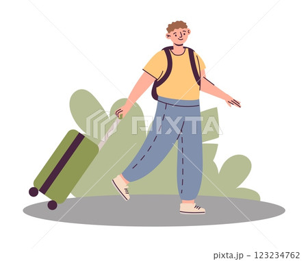 Child leaving home door. Guy walking and carrying baggage. Travel luggage. Boy holding suitcase. Tourist bag. Persons return. Coming to house. Young man trip. Vector homecoming concept 123234762